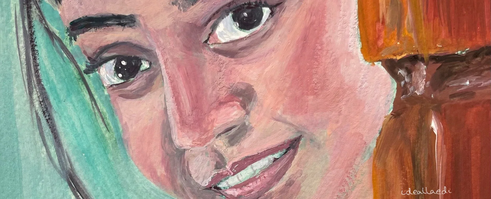 Coloured gouache close up of a young woman peering ahead from behind a wooden pole