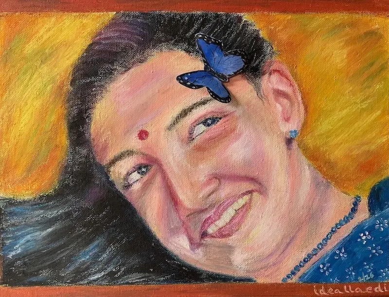 Coloured mixed media portrait of a young woman dressed in blue lying on an orange background gazing smilingly at a blue butterfly sitting at the edge of her forehead