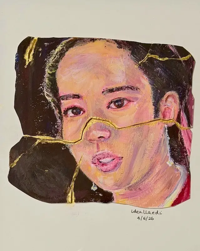 Pieces of a coloured gouache portrait of a young woman dressed in pink in a brown magenta background put back together with gold filling the cracks