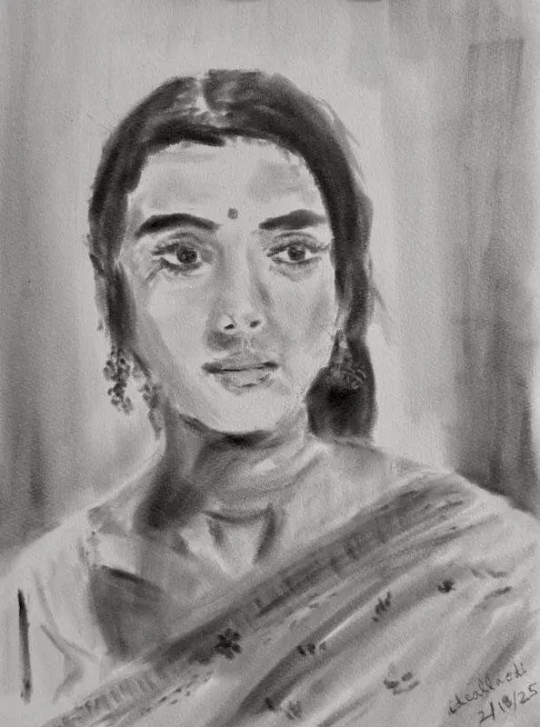 Black and white pan-pastel portrait of a woman with a far away look and a faint smile 