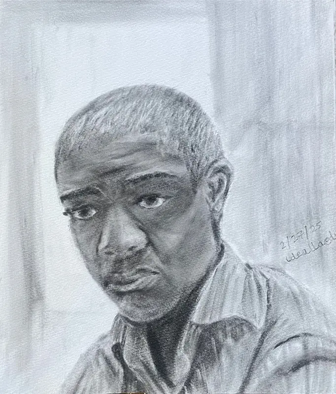 Black and white pan-pastel portrait of a man turned slightly to his right and lost in thought with a ray of light illuminating him