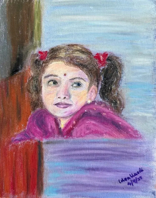 Coloured oil pastel portrait of a young girl on an abstract blue violet background looking dreamily towards her left