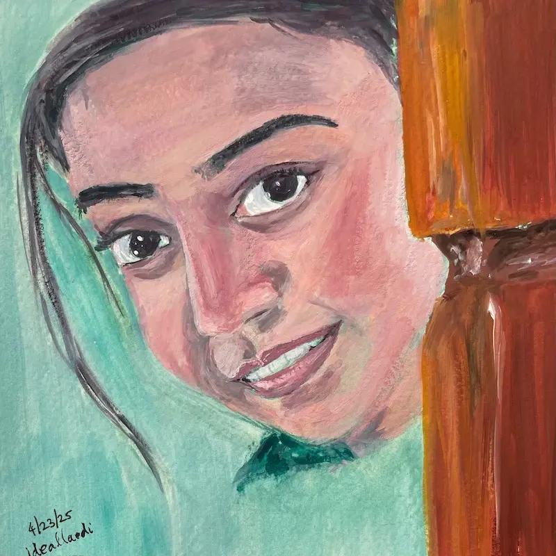 Coloured gouache portrait of a young woman peering ahead from behind a wooden pole on an abstract pale green background