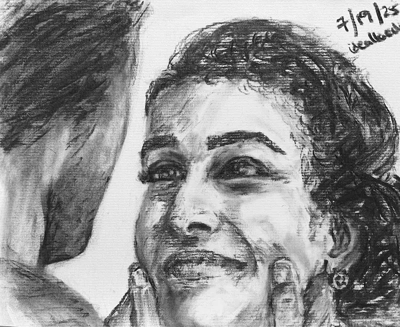 Black and white charcoal portrait of a young woman gazing smilingly at a figure who's holding her cheeks