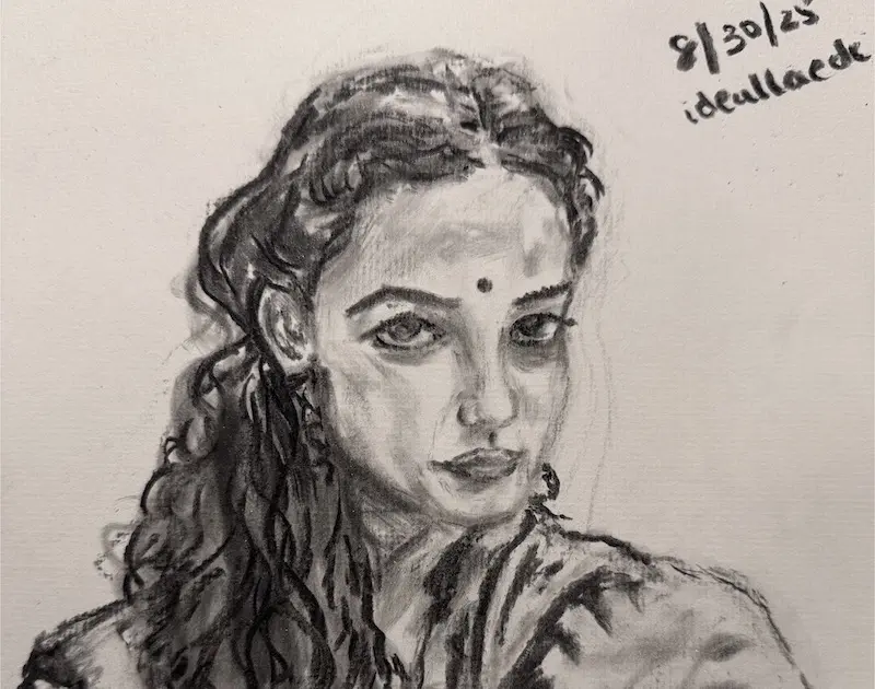 Black and white charcoal portrait of a young woman gazing straight ahead