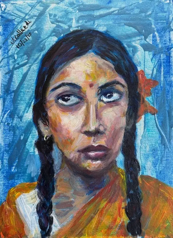 Coloured acrylic portrait of a young woman dressed in orange gazing upwards expressionless in an abstract blue background