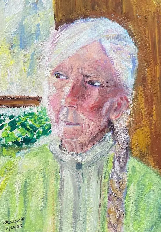 Coloured gouache portrait of an old white haired woman gazing towards her right at a bright window with a slight smile